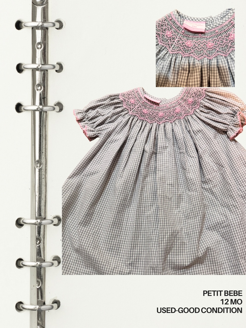 Petit Bebe Gray Gingham Dress with Pink Smocked Yoke - 12M